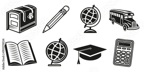 A collection of educational icons representing various school subjects and tools.
