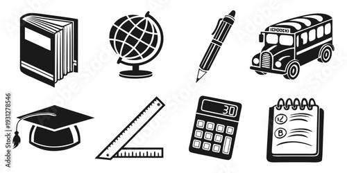 Educational icons representing various aspects of learning and school.