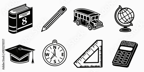 Illustrations of various educational tools and symbols.