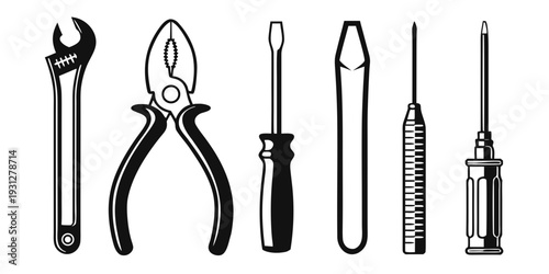 A collection of various hand tools displayed in a row