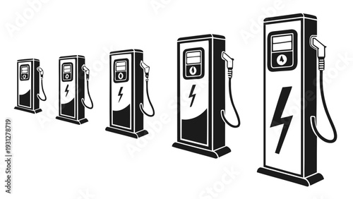A row of electric vehicle charging stations with lightning bolt symbols.