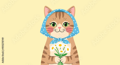 smiling cat wearing cute headscarf and holding bouquet of daisies flat vector illustration 