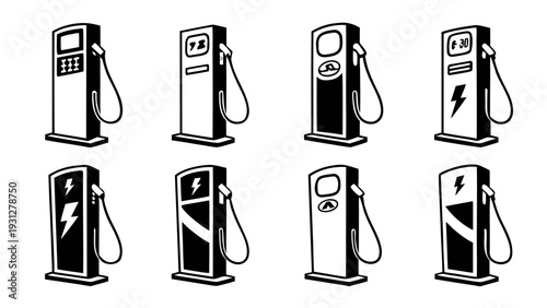 Eight black and white illustrations of gas pumps in a row.