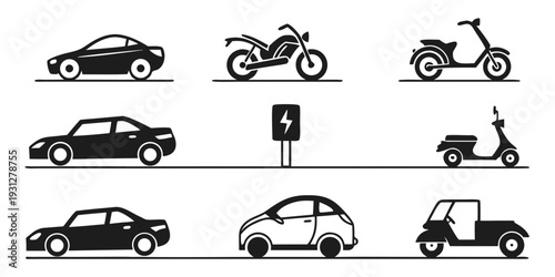 A variety of vehicles including cars, motorcycles, scooters, and an electric charging station