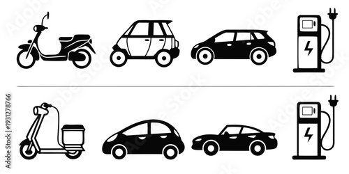 A diverse range of vehicles parked next to electric charging stations.