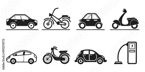 A diverse range of vehicles including cars, motorcycles, and scooters parked in a row.