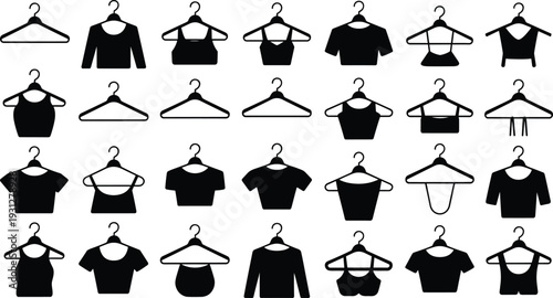 Clothing silhouette collection, fashion tops, t-shirt vector, crop top design, tank top illustration, blouse silhouette, apparel hanger art, wardrobe vector set