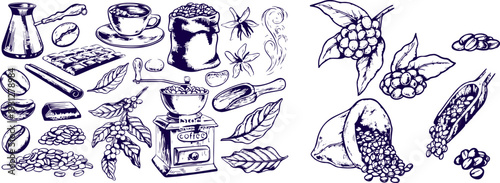 Hand-Drawn Coffee Set with Grinder, Maker, Cup, Turk, and Bean Bag – Blue and White Vector Illustration