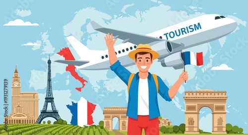 Tourism Travel Tourist Airplane Man France Europe. Travel to Paris, France concept with landmark icons, tourist characters and airplane window. Flat cartoon vector illustration