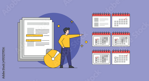 Professional man pointing at multiple wall calendars next to business documents and data charts for schedule planning.
