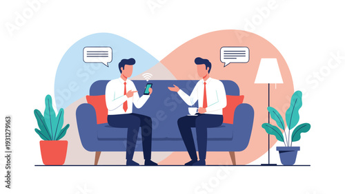 Business colleagues share information and discuss project updates while relaxing on a couch during a coffee break.