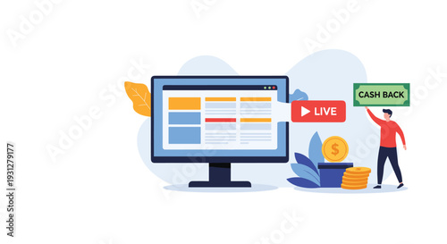 Computer monitor displaying data next to a live video icon and a man holding a cashback banner for online marketing.