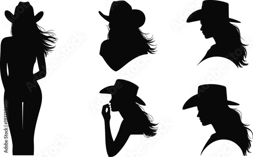Cowboy hat silhouette, western lifestyle, rustic culture, long hair figure, rural fashion, cowboy identity, vector art, western portrait illustration