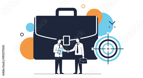 Businessmen shaking hands in front of a giant briefcase next to a target symbol for successful deal closing.