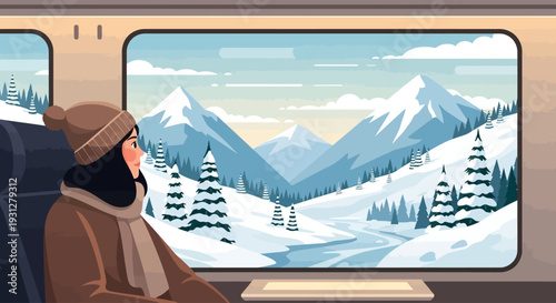 Winter Travel Through Snowy Mountains A Serene Vector Illustration of a Woman Gazing Out a Train Window 