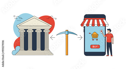 Classical bank building connected by a pickaxe to a smartphone displaying an ecommerce store for financial mining.