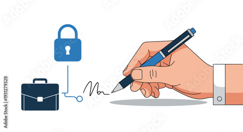 Human hand signing a document with a pen next to a blue padlock and briefcase for secure business transactions.