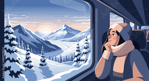Winter Travel Through Snowy Mountains A Serene Vector Illustration of a Woman Gazing Out a Train Window 