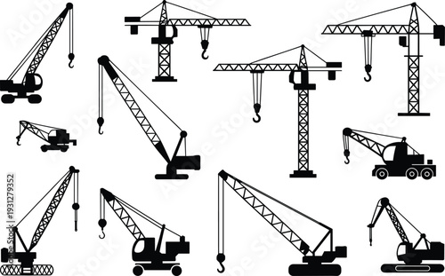 Construction crane silhouettes, tower crane, mobile crane, crawler crane, truck-mounted crane, heavy lifting equipment, industrial machinery, building site illustration art