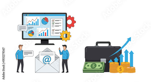 Business monitor with analytics and gears next to professionals managing email communication and financial growth.