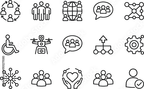 Community networking and teamwork line icons set featuring global connection, accessibility, collaboration structure, support care, and social communication