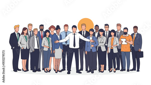 Confident business leader stands before a diverse group of professional team members in a show of unity and success.