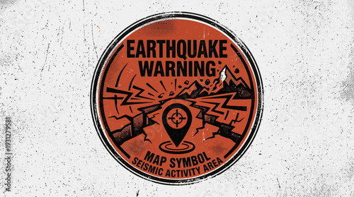 Earthquake Warning Sign with Map Pin and Cracked Earth