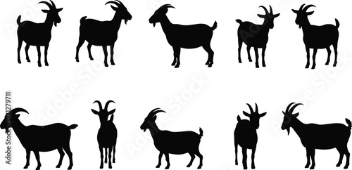 Goat silhouette collection, farm animals, livestock vector, rural agriculture, rustic design, goat herd illustration, animal posture, black silhouette art