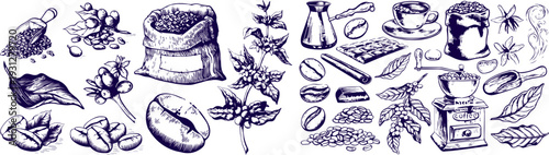 Vintage Coffee Elements Collection: Grinder, Cups, Turk, and Bean Sack in Monochrome Vector Style