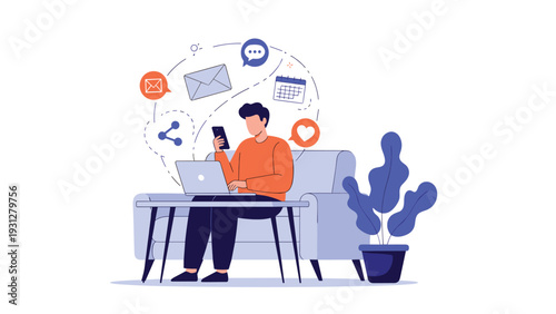 Social media manager engages with online communities and monitors digital communication channels from a comfortable home office.