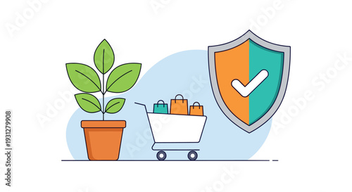 Potted plant next to a shopping cart with bags and a protective shield symbol for secure and green commerce.