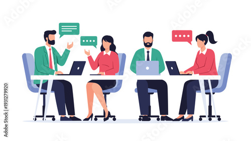 Office colleagues engage in collaborative discussions and focused work within a modern and productive shared workspace.