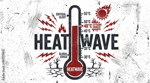 Heatwave thermometer, hot sun, cracked earth, global crisis, critical alert