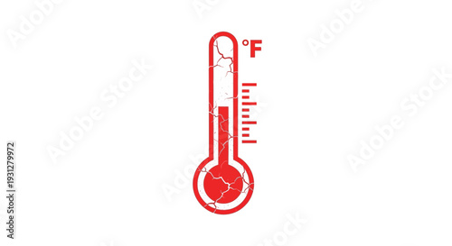 Red thermometer icon with cracked glass, Fahrenheit scale, white background