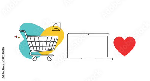Collection of business icons featuring a shopping cart, user profile, laptop, and a heart for customer loyalty.