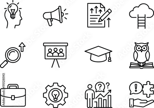Education and business development line icons set featuring learning, marketing promotion, research growth, strategy planning and career advancement concepts