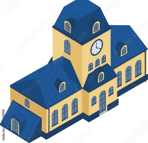 Isometric classic railway station building with clock tower, vintage architecture vector illustration isolated on white background design