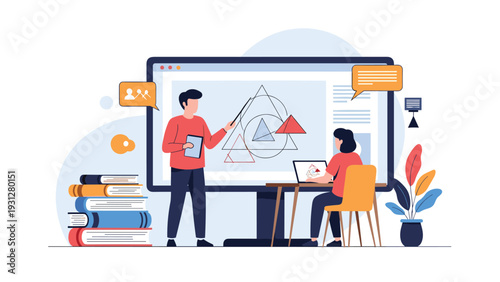 Technical instructor explains complex geometric concepts to a student using a large digital display in a classroom.