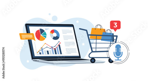 Business laptop displaying data analytics next to a shopping cart with bags and a microphone icon for voice search.