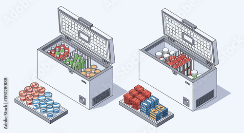 Pair of open industrial chest freezers stocked with various bottled drinks and packaged frozen food products.