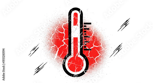 Thermometer graphic with red temperature rising and cracked effect