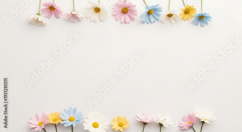 Pastel colored daisy-like flowers creating a decorative border on a clean white background, with some hanging from the top and others standing at the bottom.