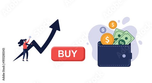 Investment growth and stock market purchasing strategy with a character climbing a positive trend line towards a wallet of wealth.