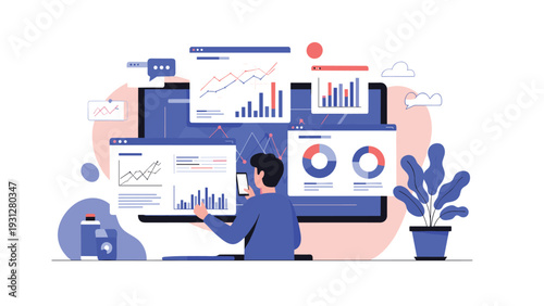 Analyst manages a high volume of data by interacting with a massive desktop monitor and mobile device dashboard.