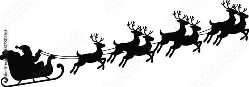 Santa Claus silhouette, flying sleigh with reindeer, Christmas folklore, festive holiday illustration, winter night magic, seasonal celebration, gift delivery art