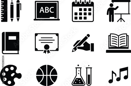 Education and school subject solid icons set featuring classroom, certificate, science lab, art, music and sports concepts
