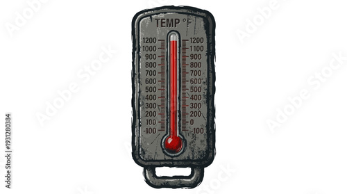 Vintage thermometer showing high temperature with red liquid on white background