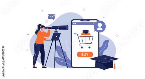 Educational search and online learning opportunities concept with a student scouting for graduation and academic courses on a smartphone.