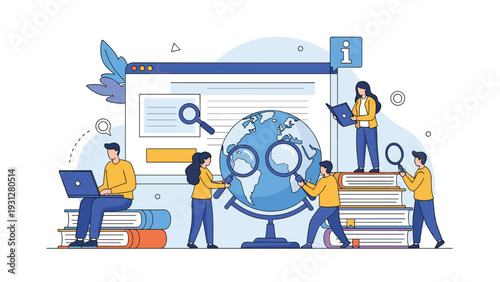 Diverse team uses magnifying glasses to explore a global map on a website interface to represent worldwide information search.
