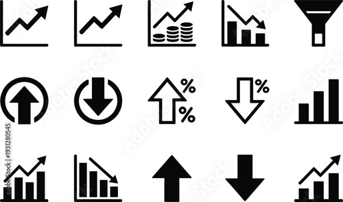 Financial analytics and stock market growth decline icons set featuring revenue charts, percentage change, investment trends, and profit loss indicators